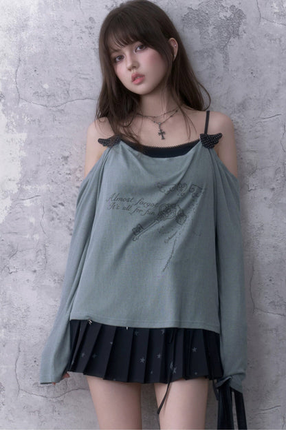 Gray Blue Draped Collar Layered-Look Blouse