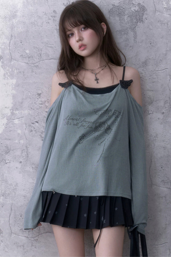 Gray Blue Draped Collar Layered-Look Blouse