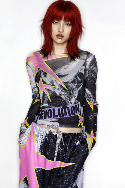Y2K Graphic Long Sleeve Mesh Top