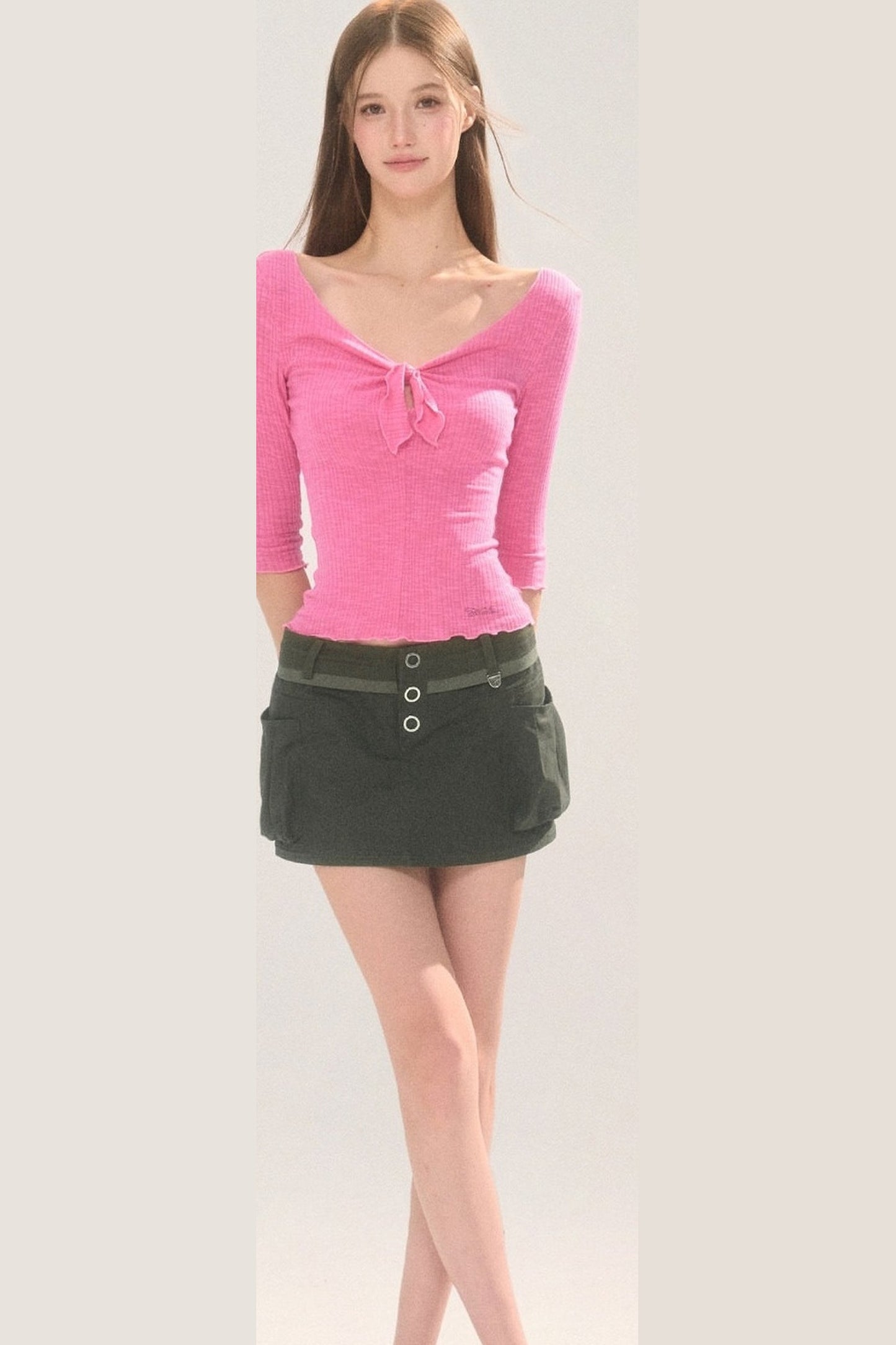 Solid Color Mid-Sleeve Hollow Blouse