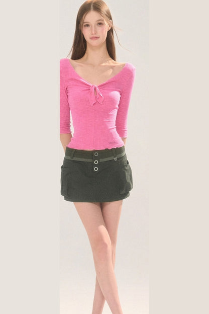 Solid Color Mid-Sleeve Hollow Blouse