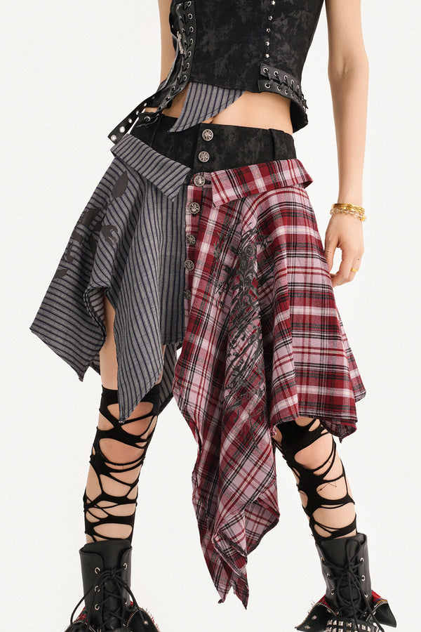 Irregular Plaid Patchwork Skirt
