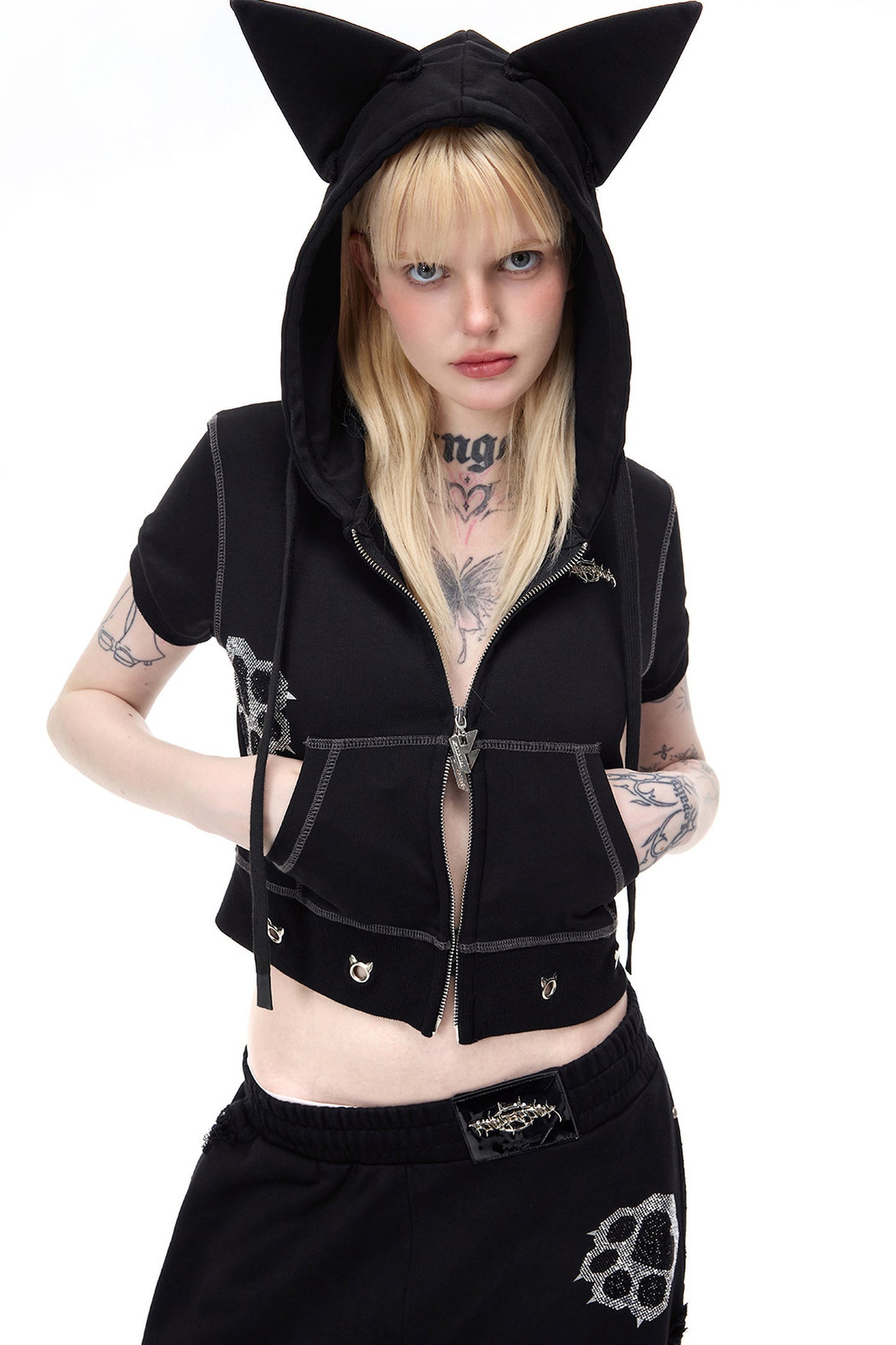 Cat Ear Rhinestone Hooded Cardigan