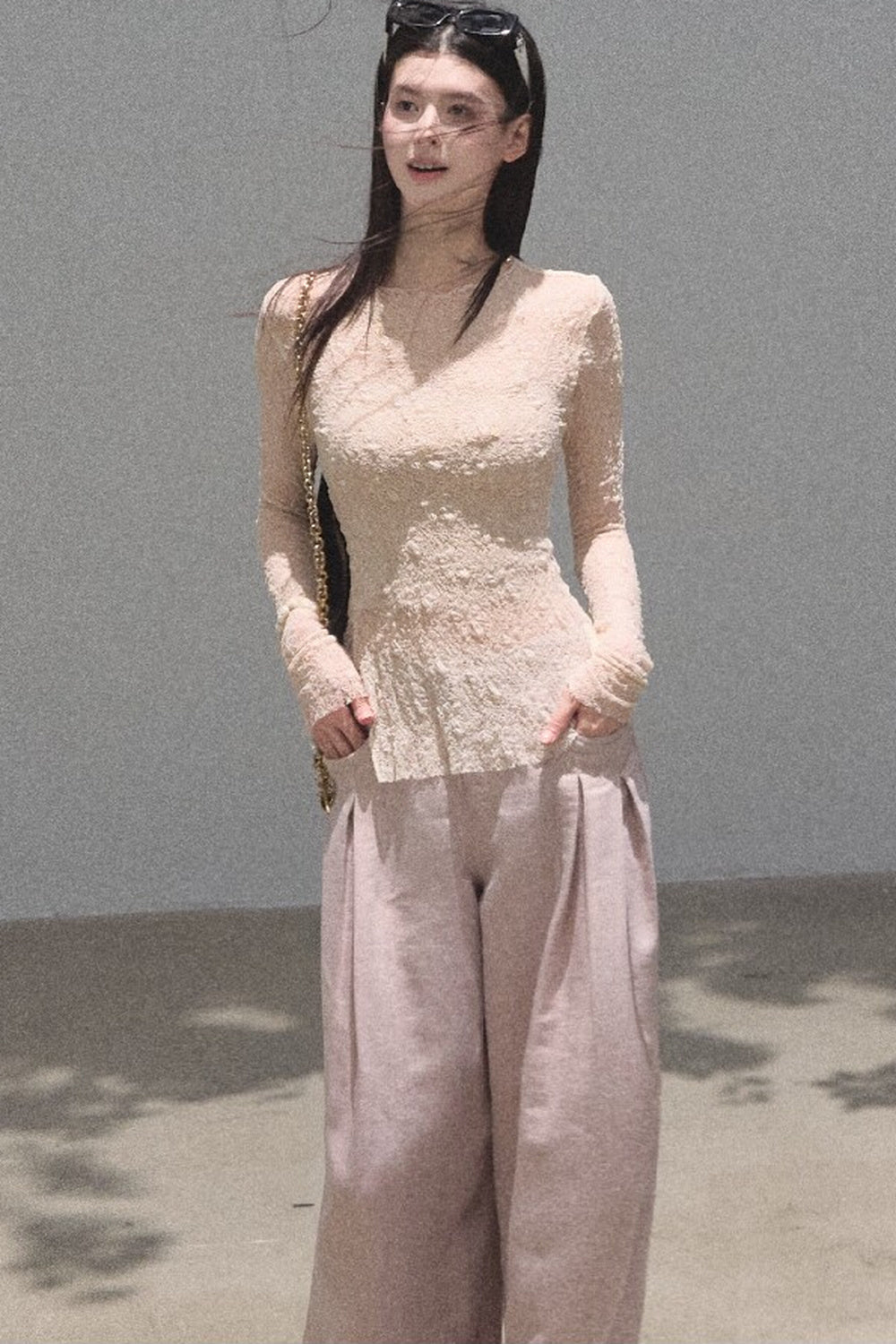Silver Textured Knit Lace Top