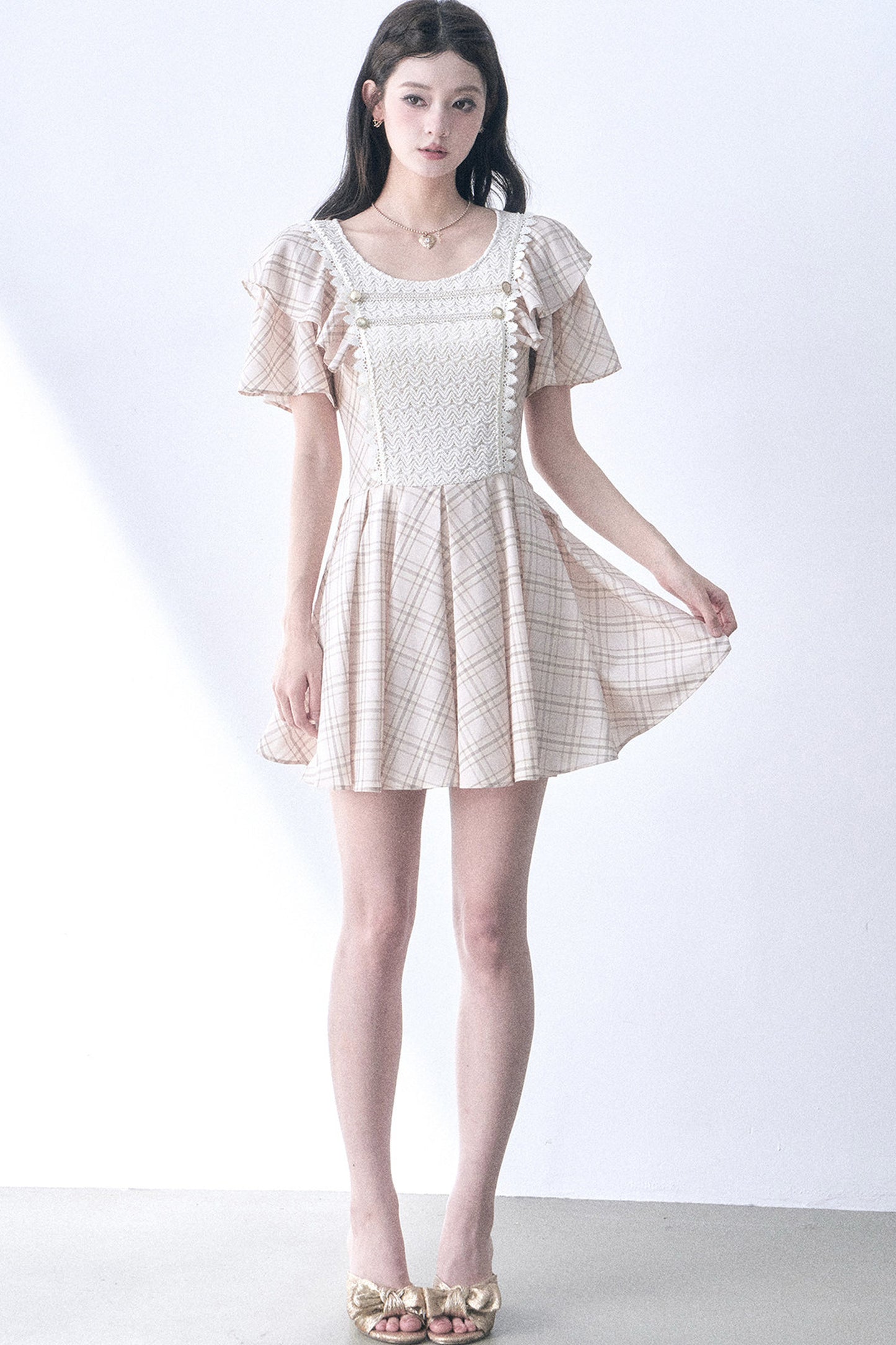 Knitted Patchwork Plaid Flutter-Sleeve Dress