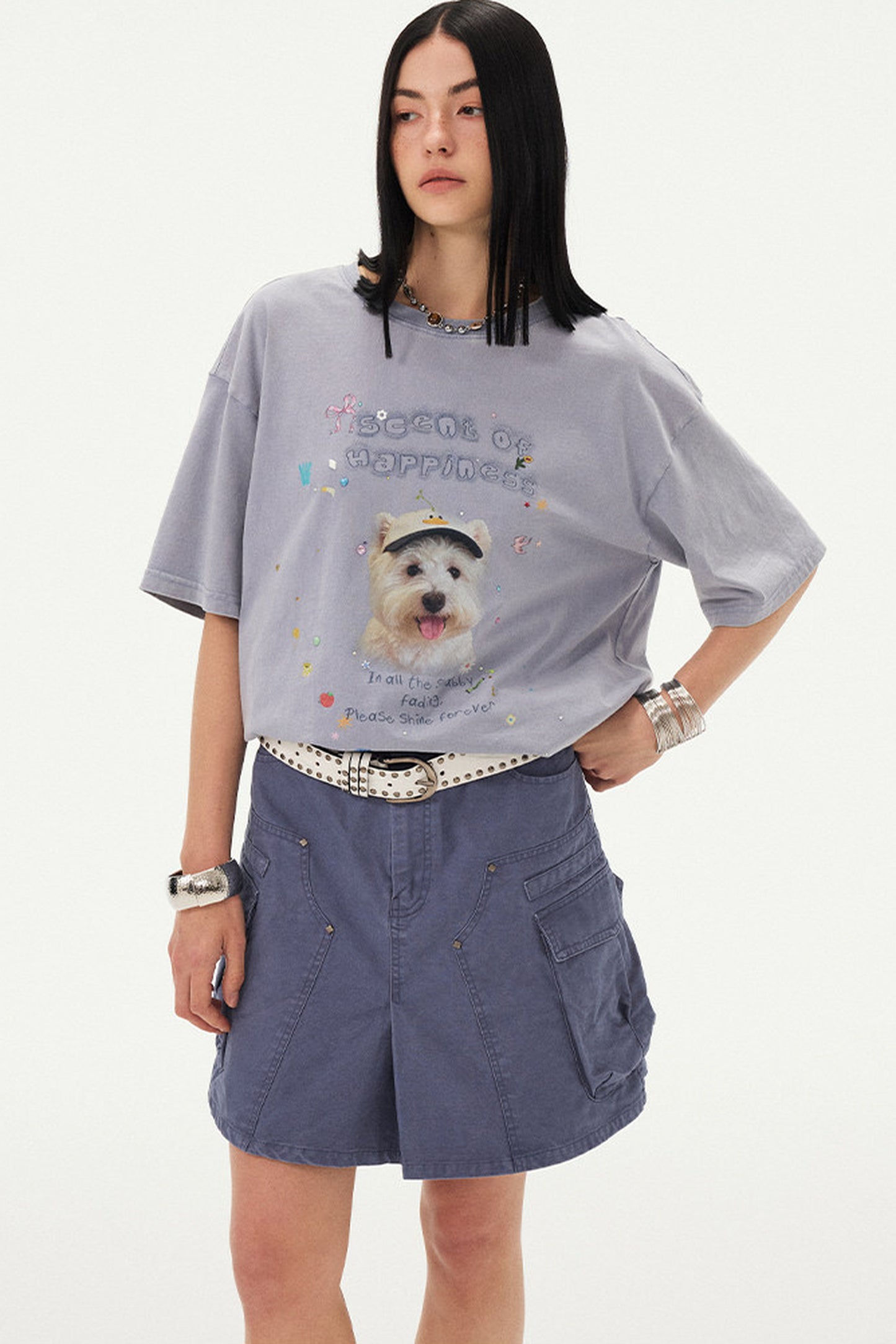 Rhinestone Cartoon Dog Drop Shoulder T-Shirt