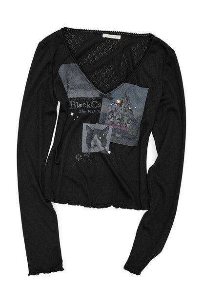 Cat Print Lace Trim Rhinestone Knit T-shirt