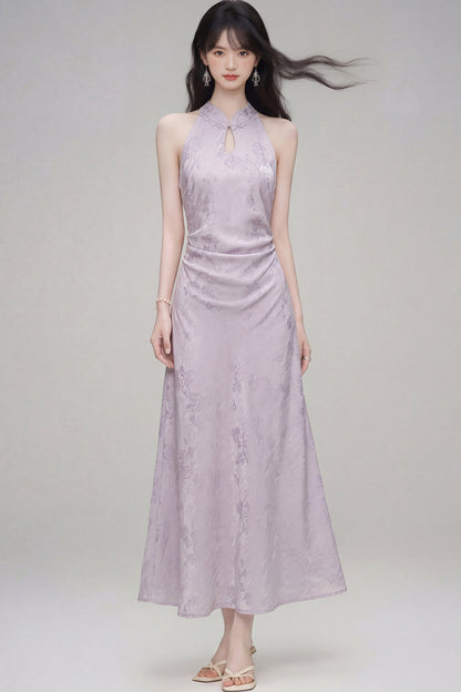 Halter-Neck Jacquard Cheongsam Dress