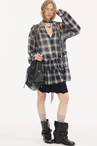 Drop Shoulder Plaid Blouse