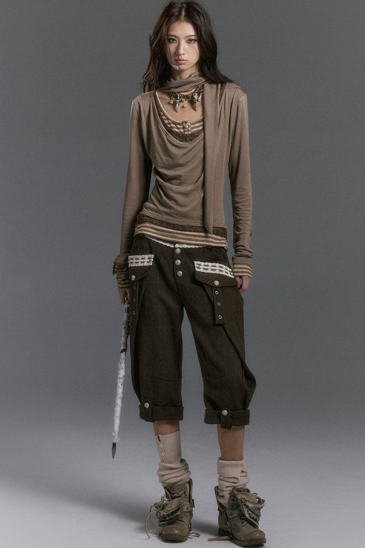 Langarmshirt im Lagenlook mit Spitzen-Patchwork und Streifen