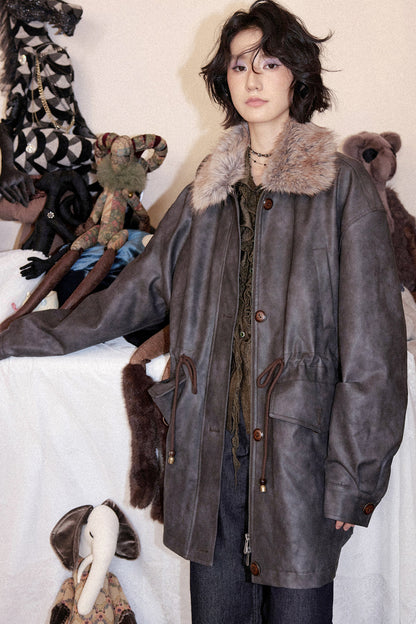 Fleece-Lined Detachable Fur Collar Leather Jacket