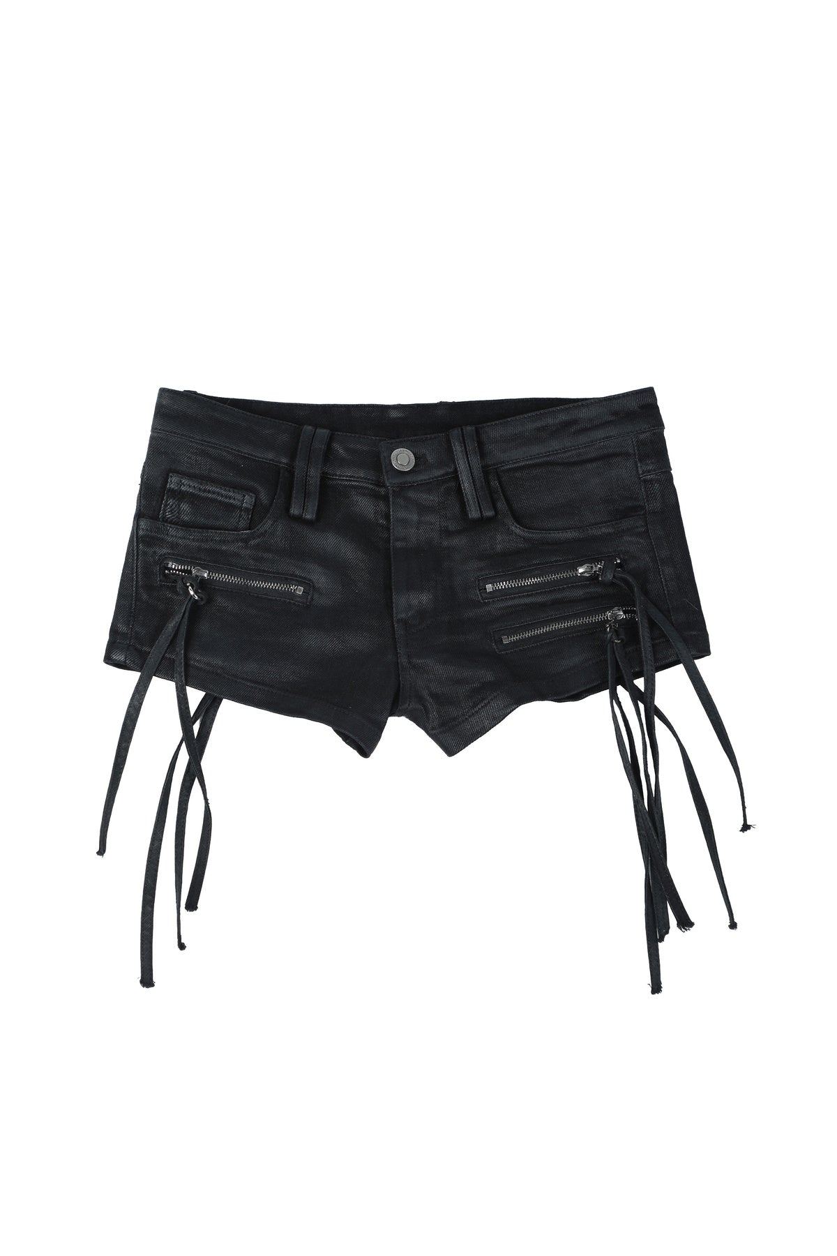 Unregelmäßige Denim-Shorts mit mehreren Reißverschlüssen und Quasten