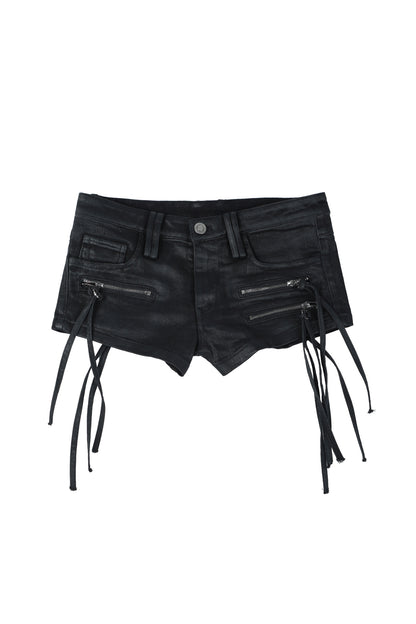 Unregelmäßige Denim-Shorts mit mehreren Reißverschlüssen und Quasten