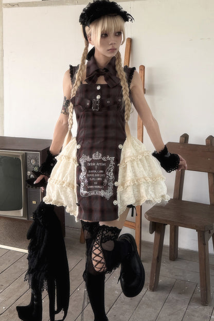Gray Plaid Lace-Up Printed Cake Dress Set