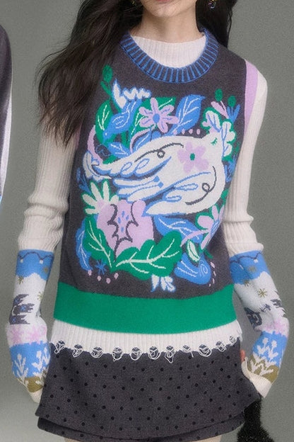 Nightingale Rose Bird Jacquard Knit Cardigan Vest and Skirt Set-Up