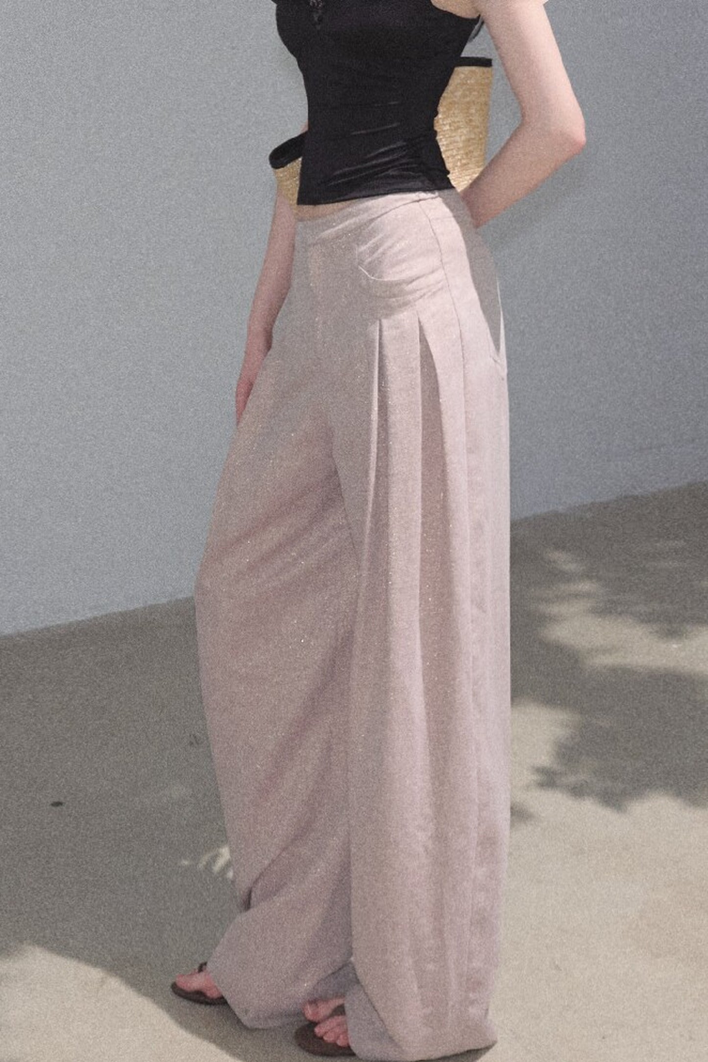 Goldene weite Seiden-Leinen-Hose