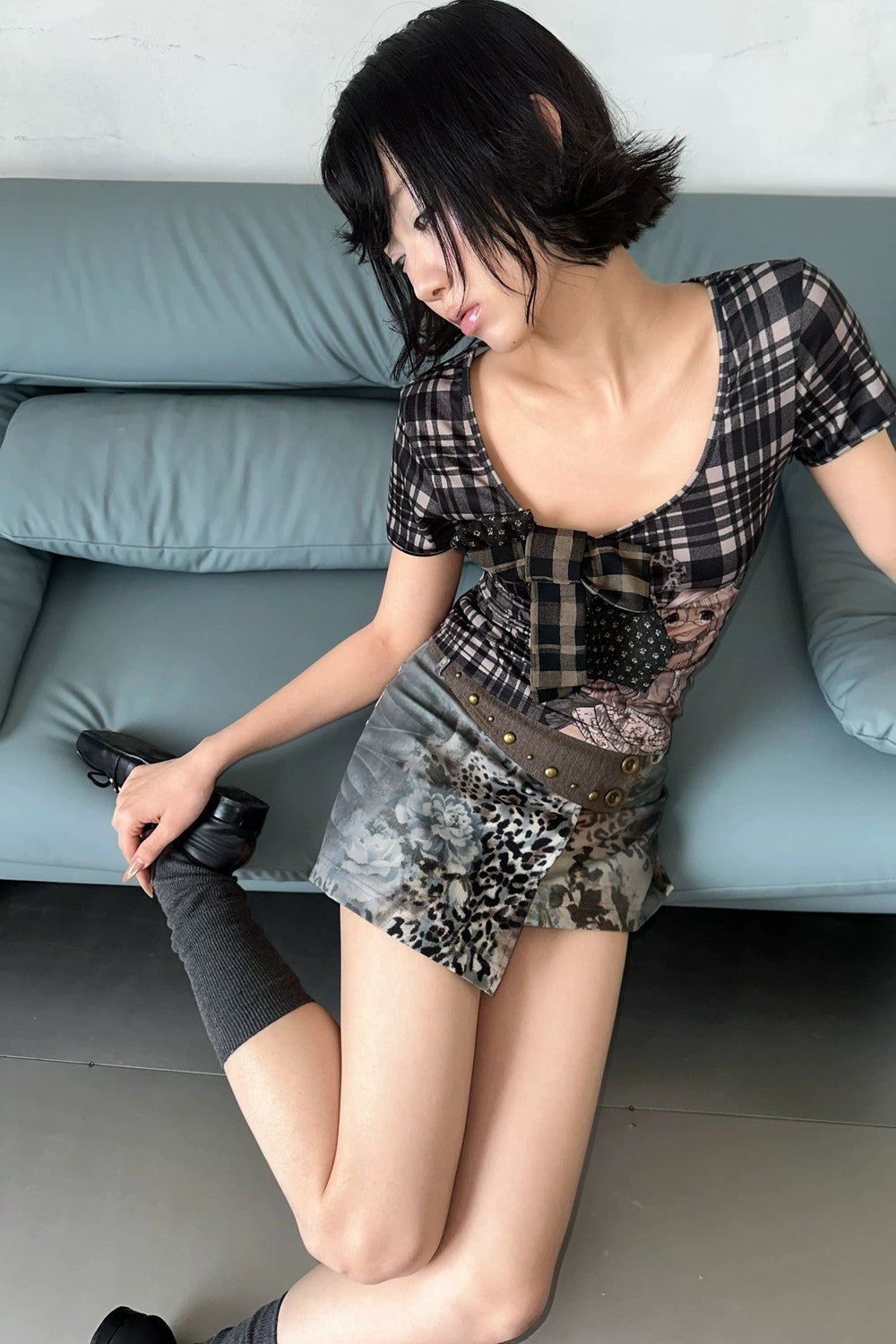 Vintage Leopard Floral Stud Short Skirt