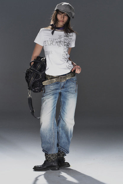 Silver Glitter Letter Print Short-Sleeve T-Shirt