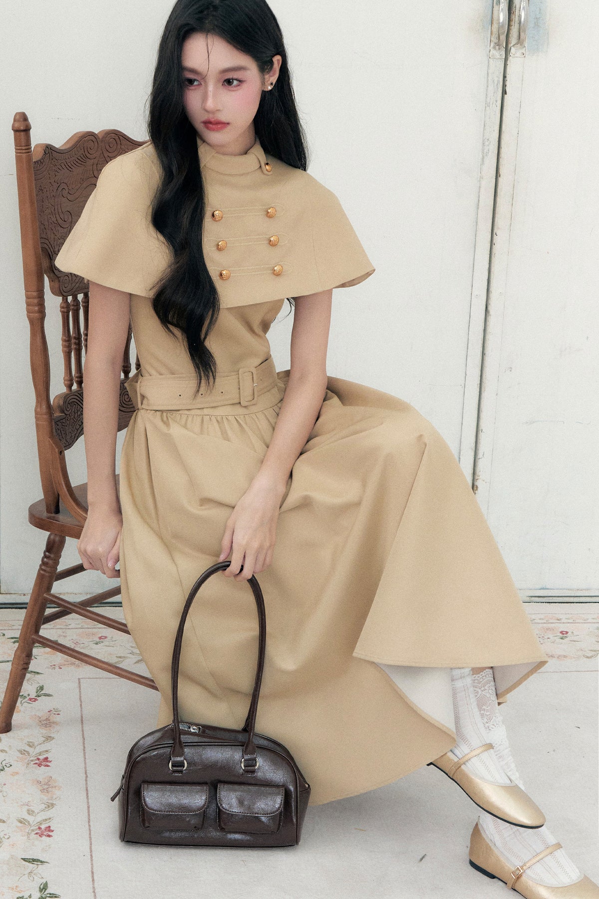 Apricot Napoleon-Cape-Kleid-Set-Up