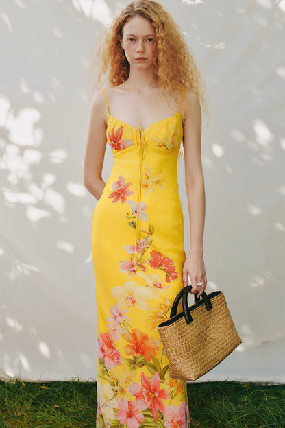 Tropisches handbemaltes Slipkleid mit Blumenmuster und V-Ausschnitt