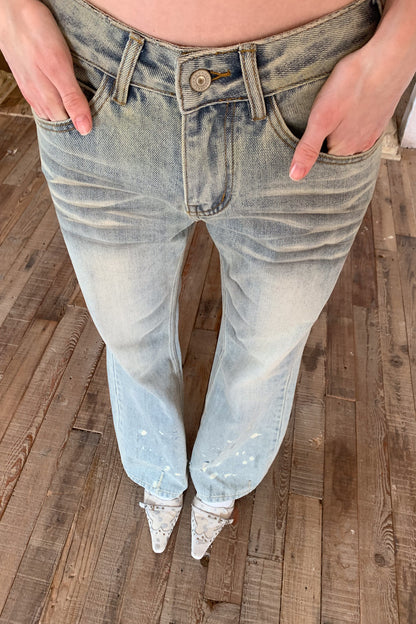Washed Ink-Splashed Micro-Flare Jeans