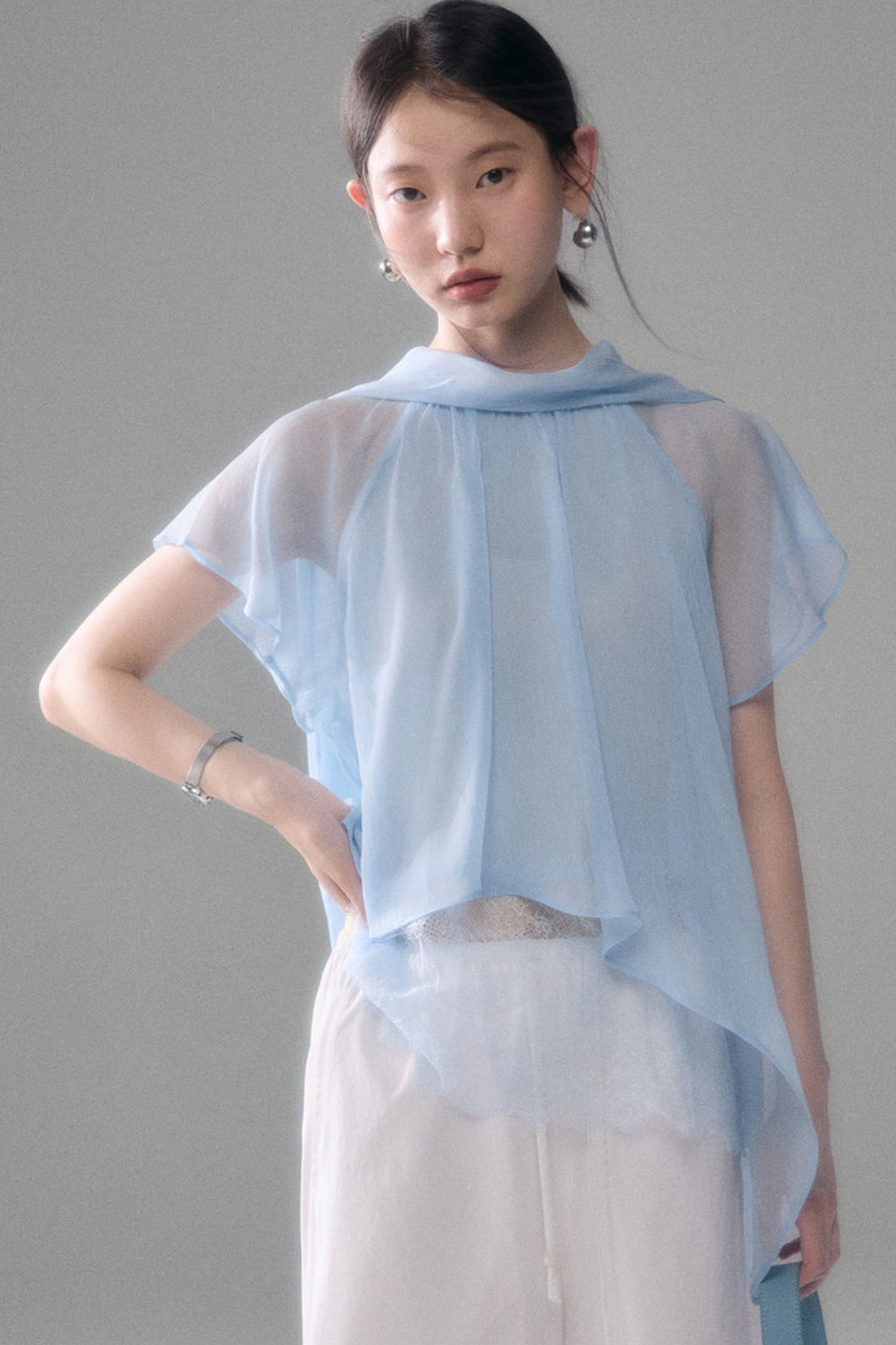 Sheer Blue Lace Ribbon Short Sleeve Top