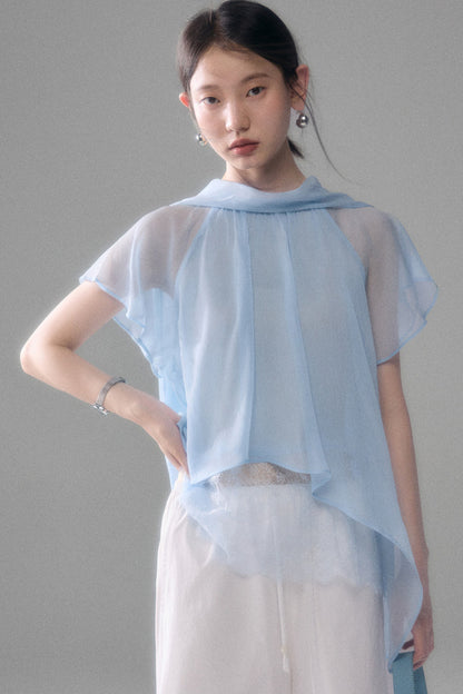 Sheer Blue Lace Ribbon Short Sleeve Top