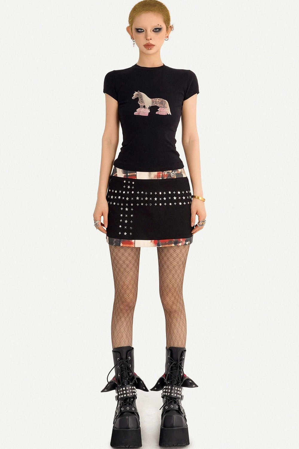 Black Patchwork Studded Bodycon Skirt