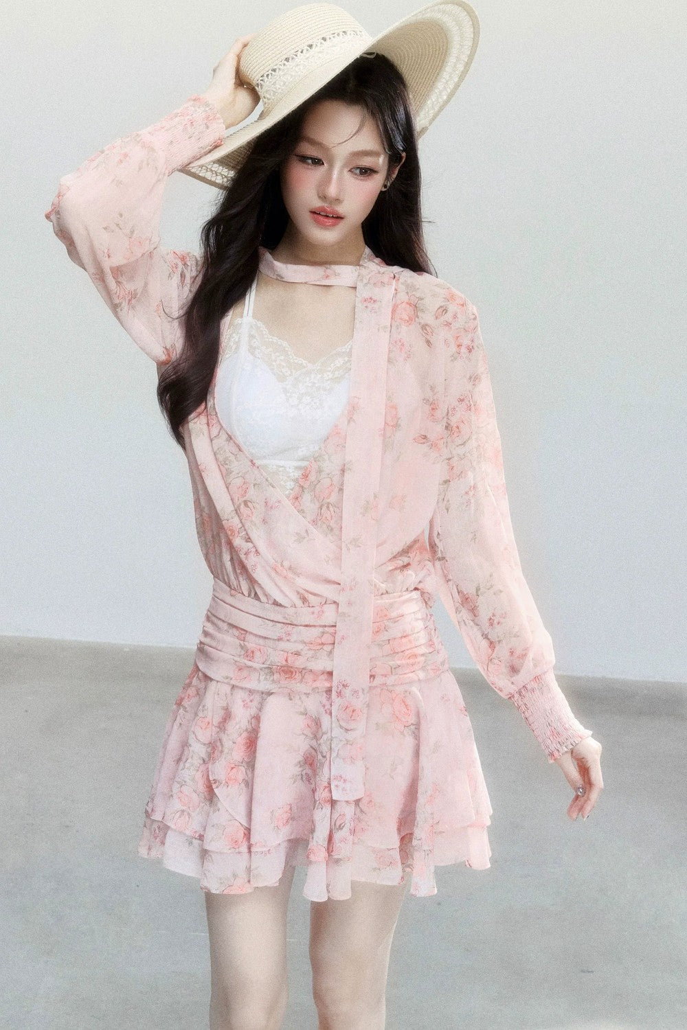 Completo Abito Floreale in Chiffon Rosa