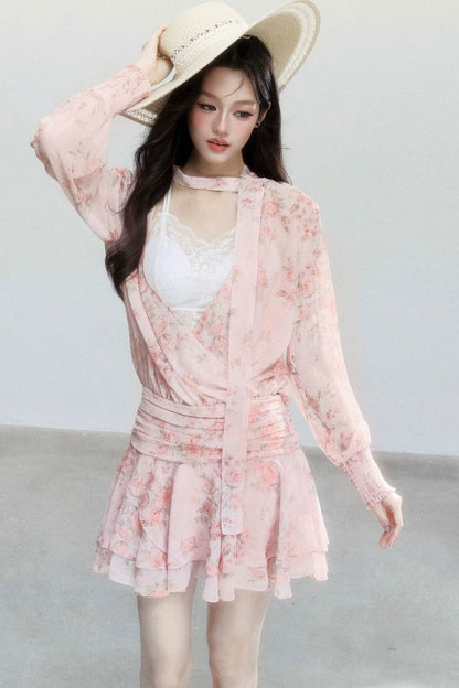 Completo Abito Floreale in Chiffon Rosa
