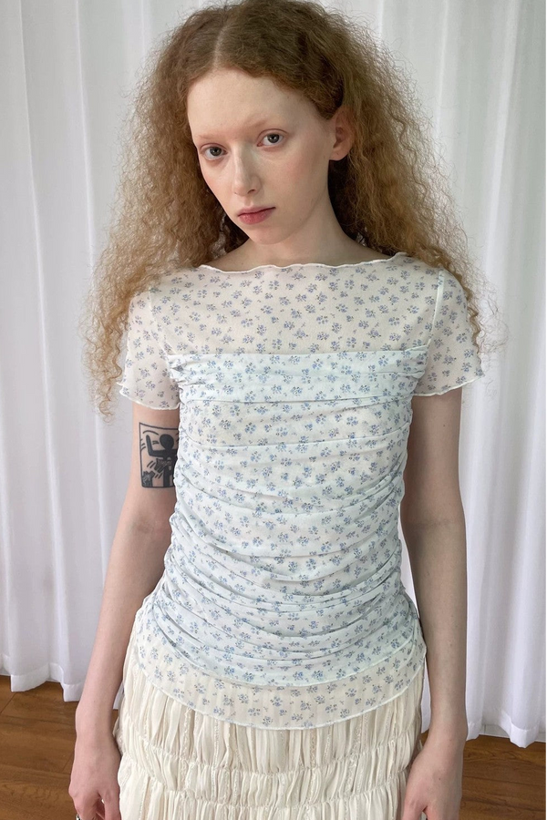 Light Blue Floral Mesh Top