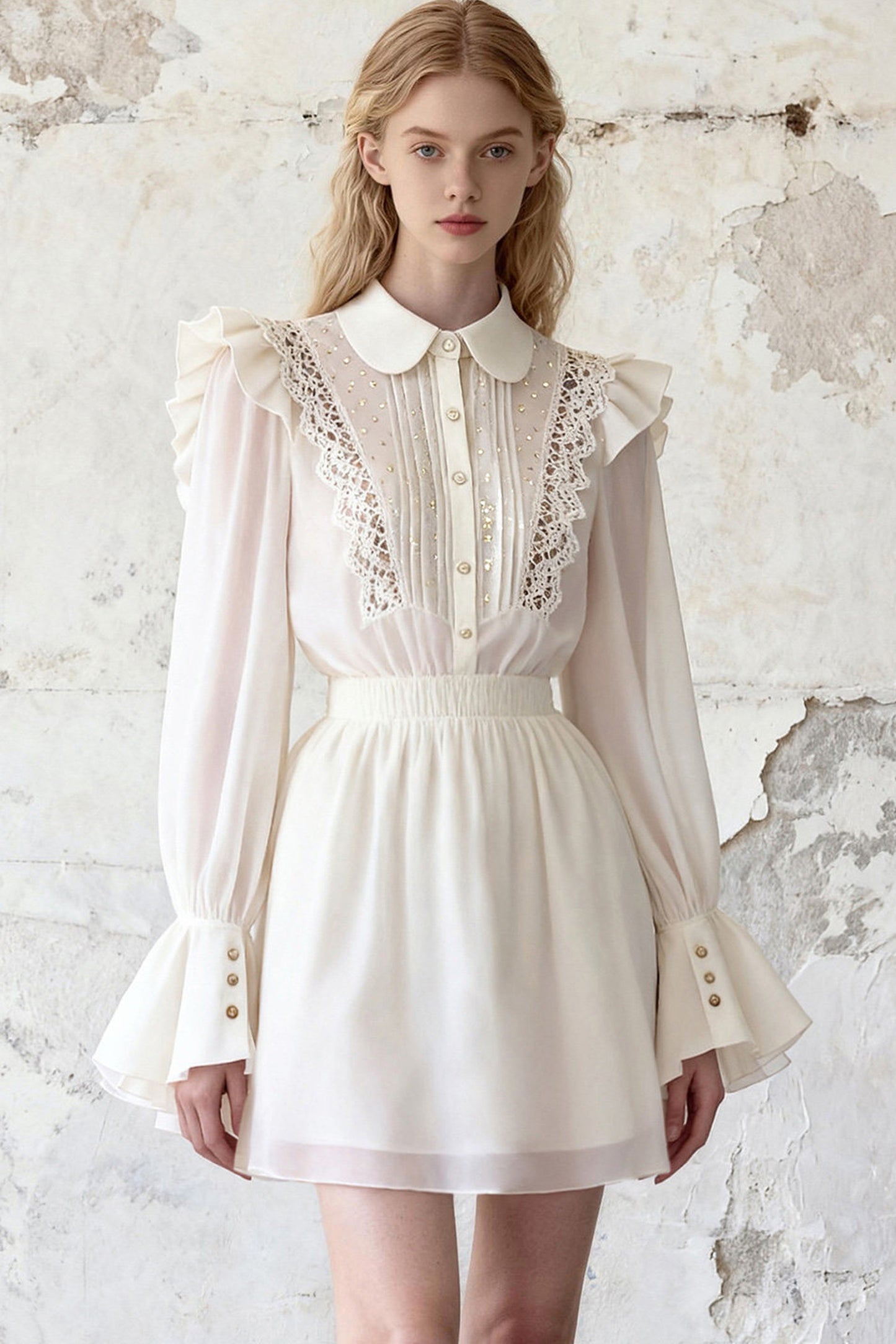 Ruffle Blouse And A-Line Skirt Two-Piece Set
