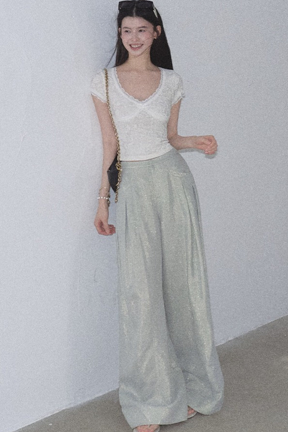 Goldene weite Seiden-Leinen-Hose