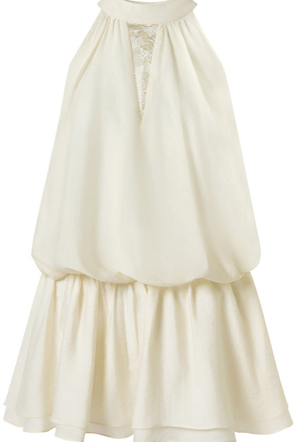 Beige Lyocell Halter Neck Lace Trim Dress