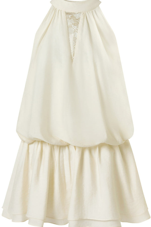 Beige Lyocell Halter Neck Lace Trim Dress