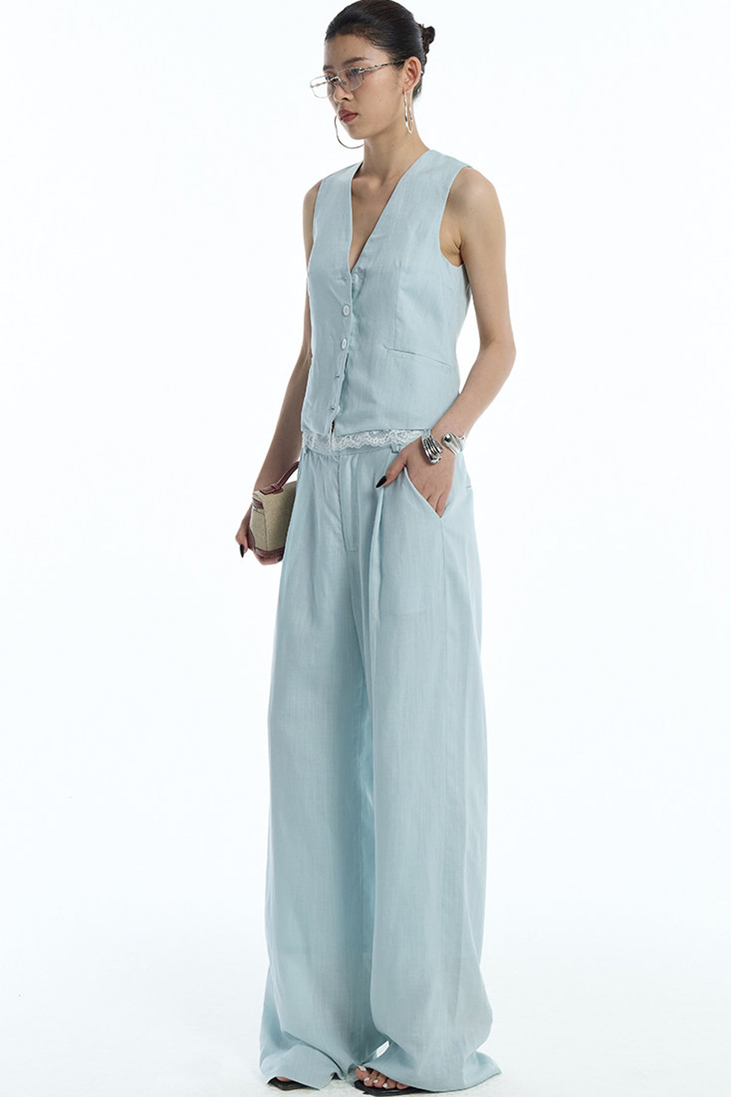 Mint Green Lyocell Cotton Linen Lace Vest and Pants Set-Up