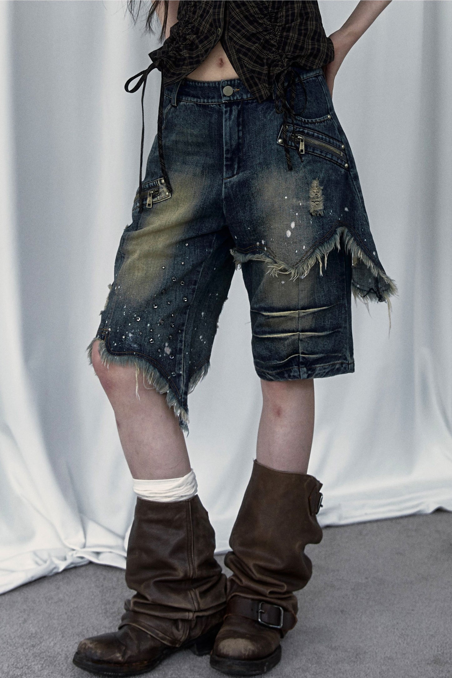 Pantaloncini di jeans effetto vissuto a gamba ampia