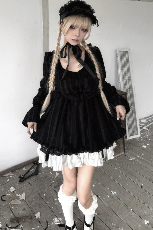 Large Bow Striped Lace Babydoll Dress