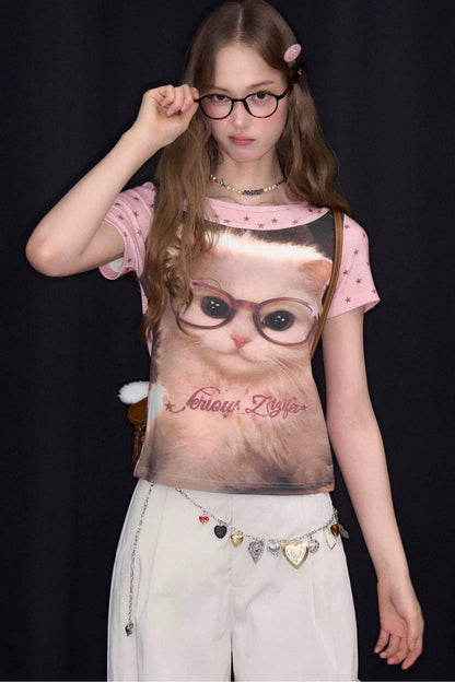Retro Distressed Cat Print Top