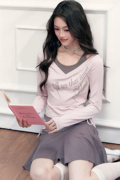 Layered-Look Letter Print Top and Skirt Set-Up