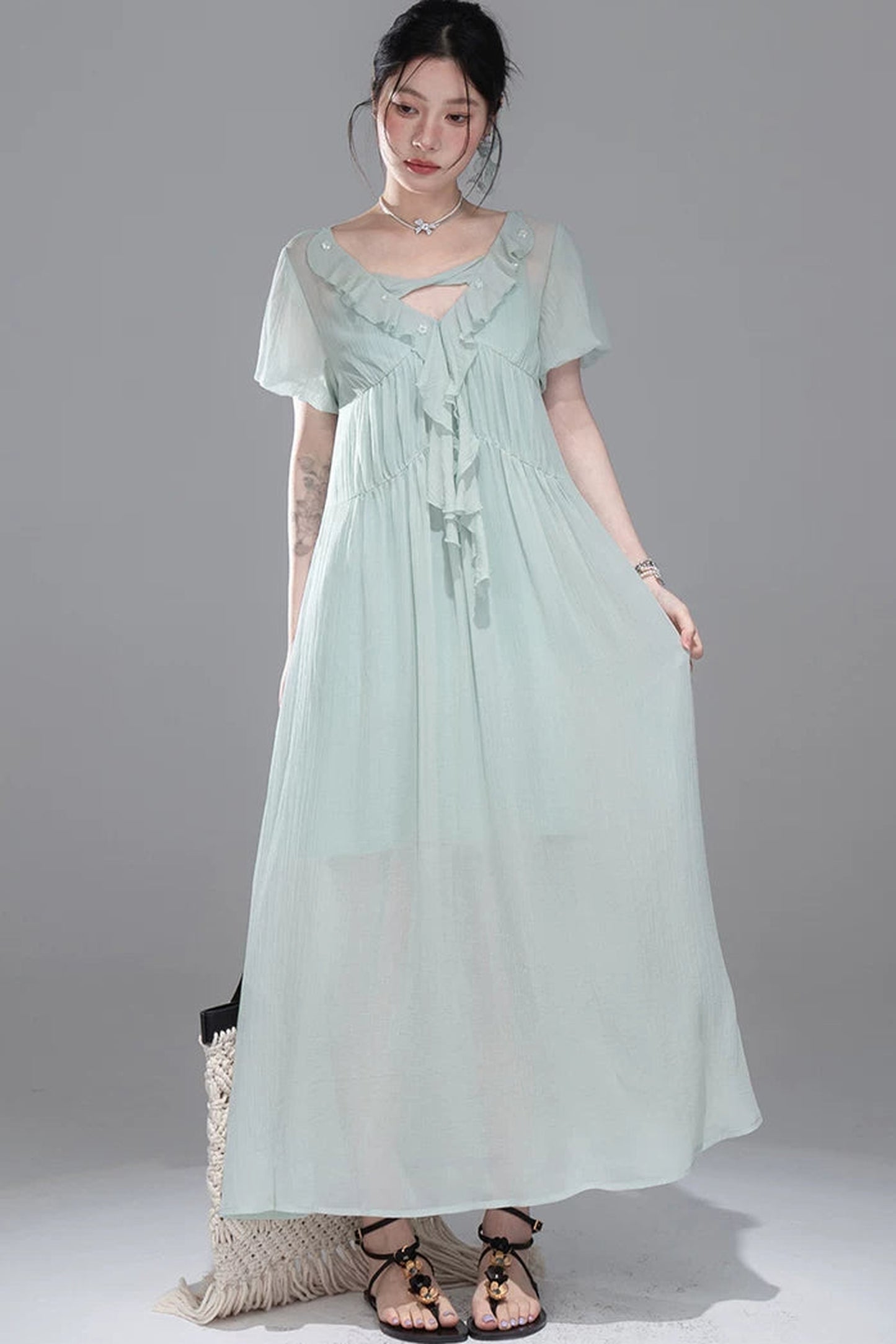 Lyocell Chiffon Puff Sleeve Dress