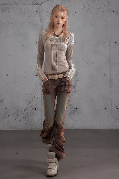 Punk Flocked Ruched Low-Waist Curved Leg Jeans