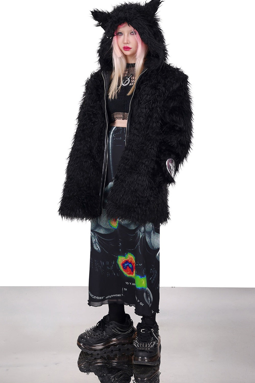 3D Cat Ears Hooded Faux Fur Jacket