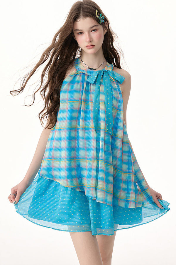 Blue Plaid Bow Halter Dress