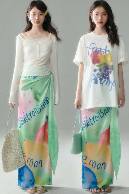 Hand-Painted Fruit Print T-Shirt and Wrap Skirt Set-Up