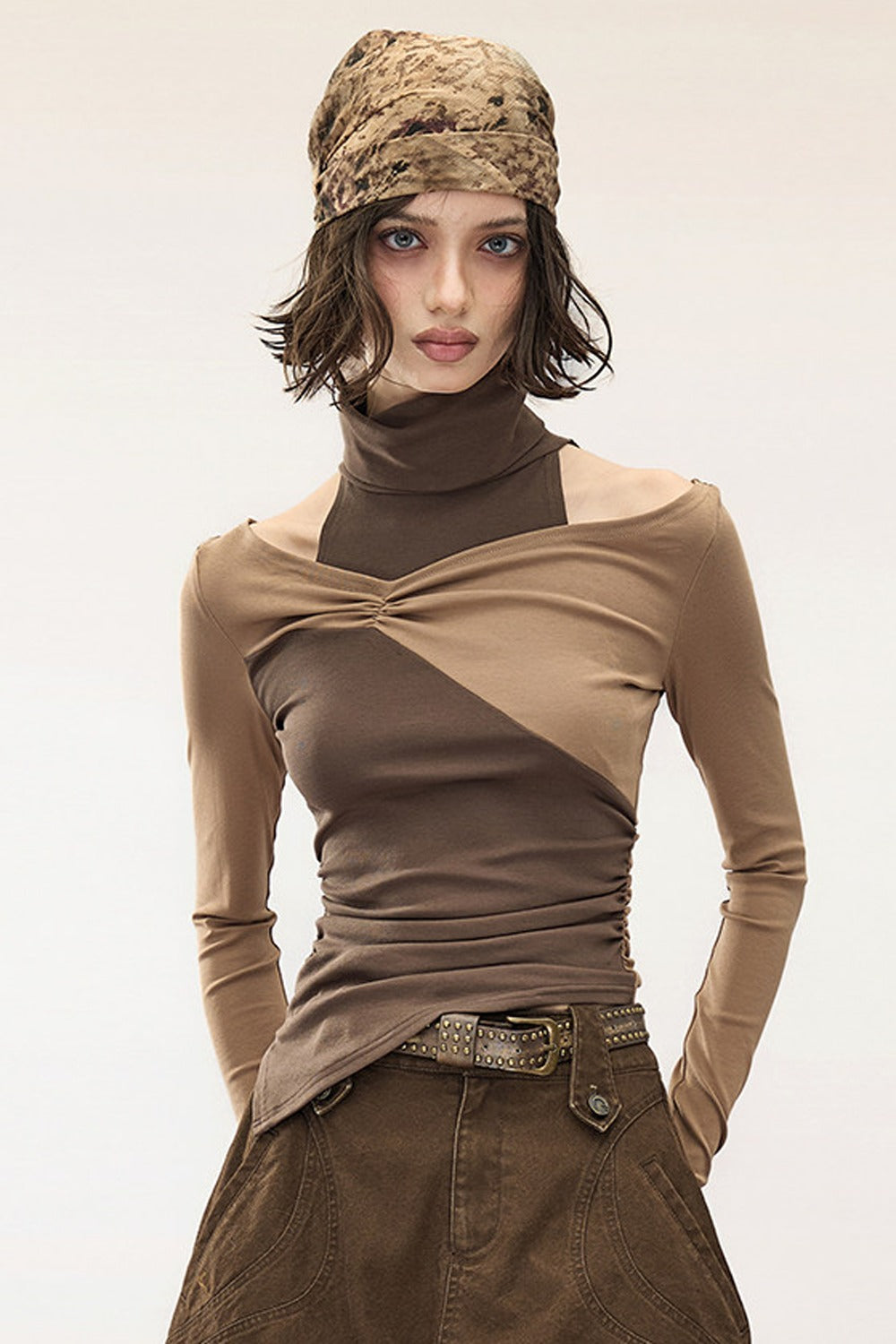 Layered Ruched Patchwork Off-Shoulder Long-Sleeve T-Shirt
