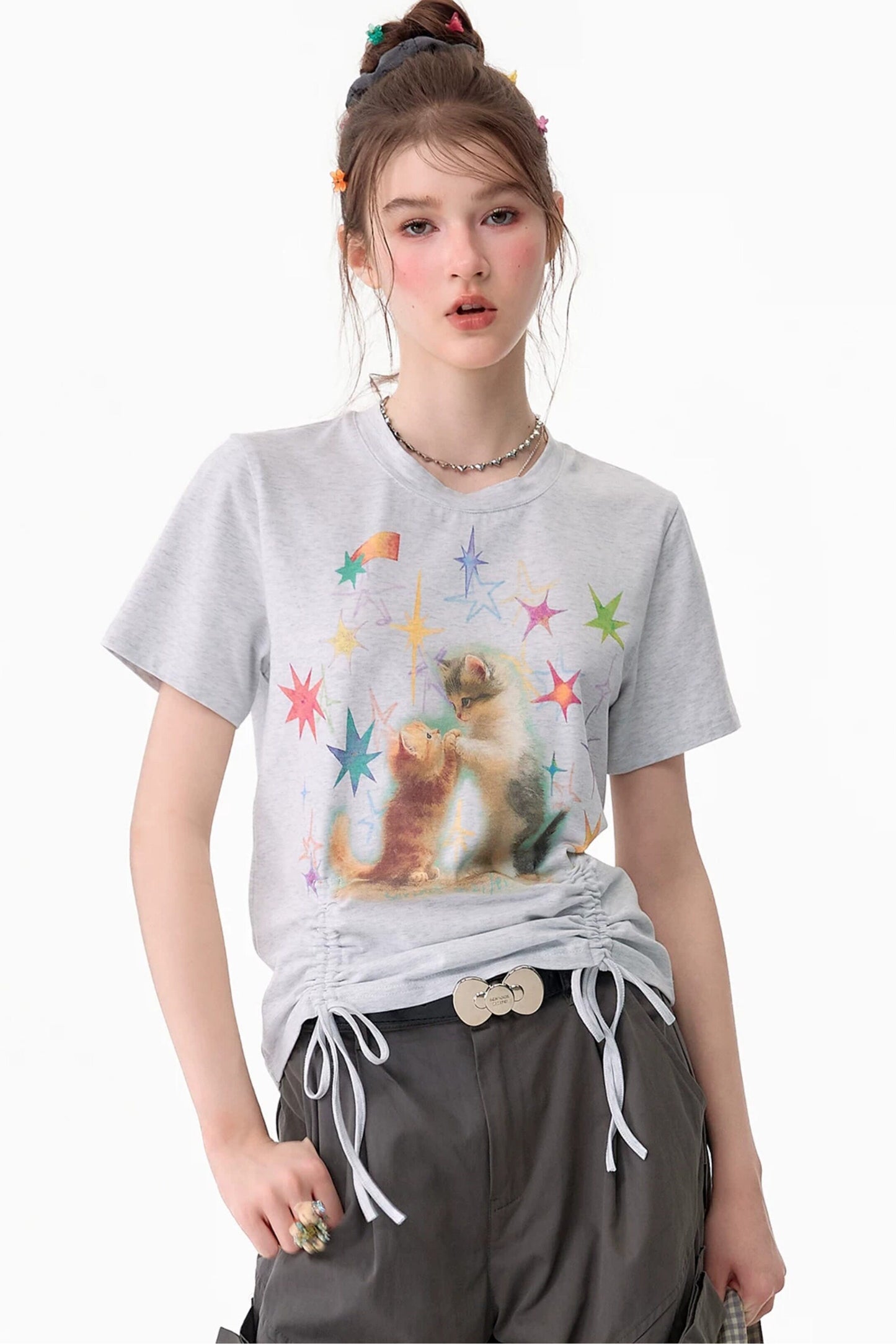 T-Shirt mit Katzenmotiv und Kordelzug