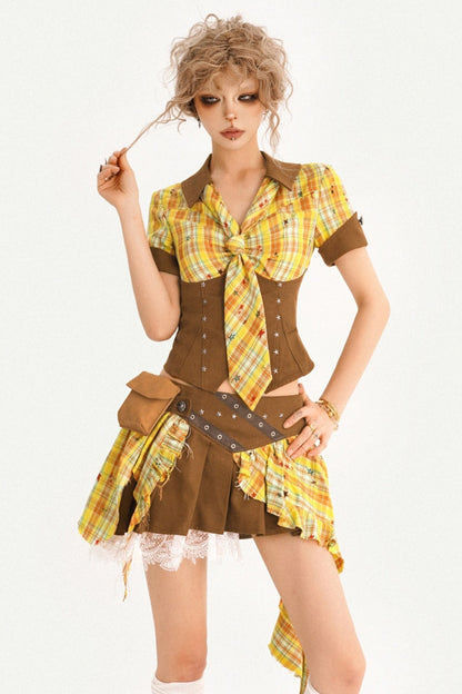 Retro Plaid Shirt and Pleated Skirt Set