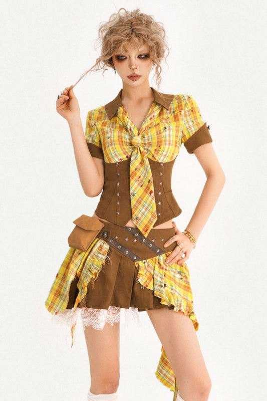 Retro Plaid Shirt and Pleated Skirt Set