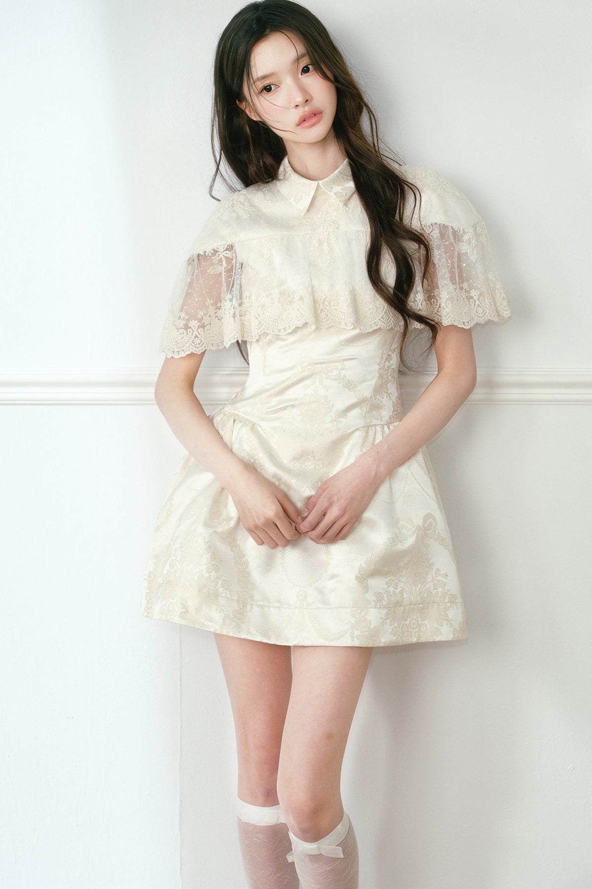 Champagne Satin Jacquard Cape-Style Puffy Dress